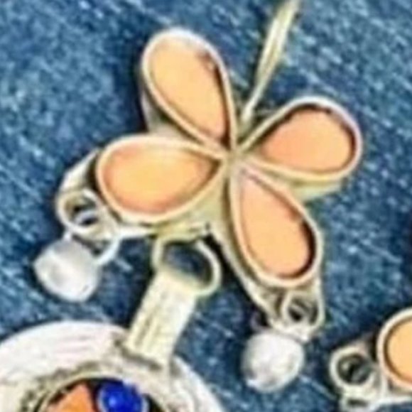 Orange Glass Stone Coins Earrings, Kuchi Floral Design Dangle Earrings, Bohemian - Picture 3 of 6